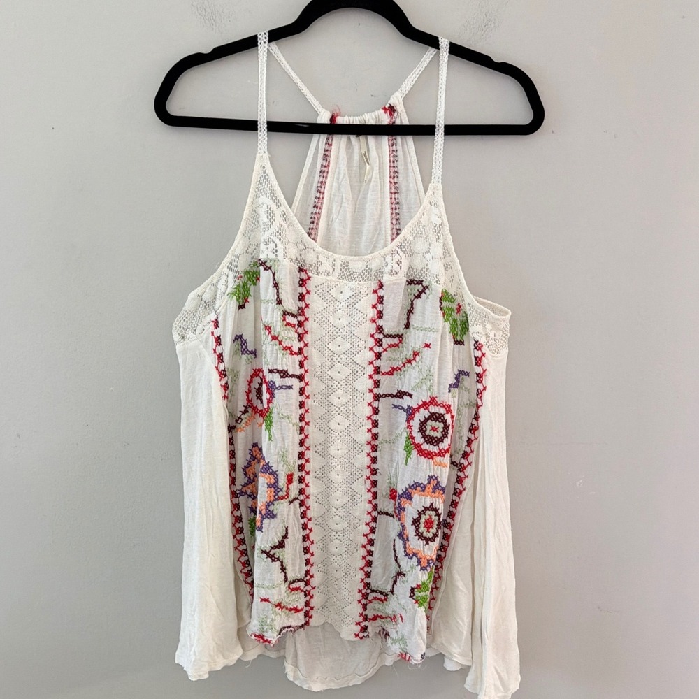 Free People Women Large White Embroidered Lace Trim Racerback Tank Top